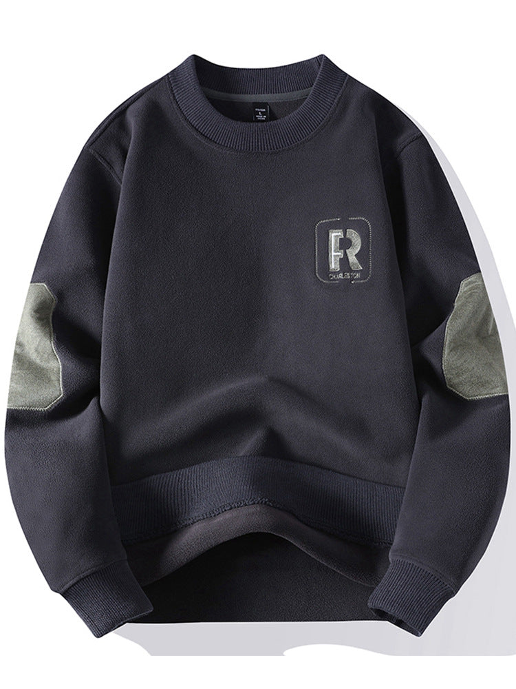 Crew neck sweatshirt, versatile men's autumn and winter fleece-lined crew neck inner layer sweatshirt, men's one-piece fleece long-sleeved t-shirt