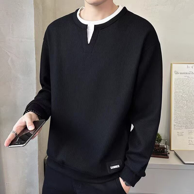 Men's layered hoodie, no hood, long-sleeved t-shirt, trendy casual style, perfect for spring and autumn.