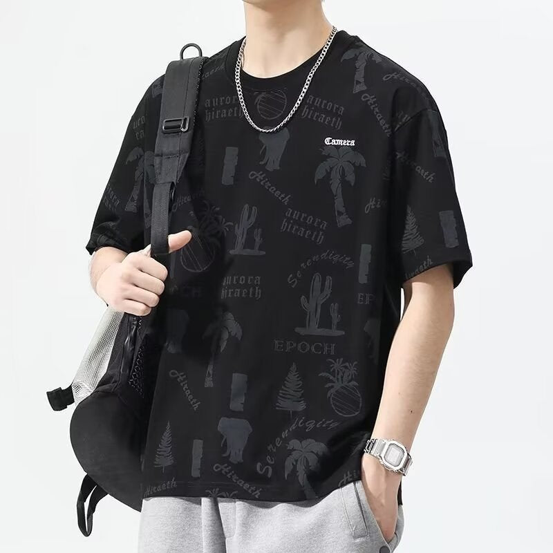 Men's Crew Neck Short Sleeve T-Shirt, Summer 2024 New Trendy Versatile Ice Silk Quick-Drying Printed Loose Casual T-Shirt