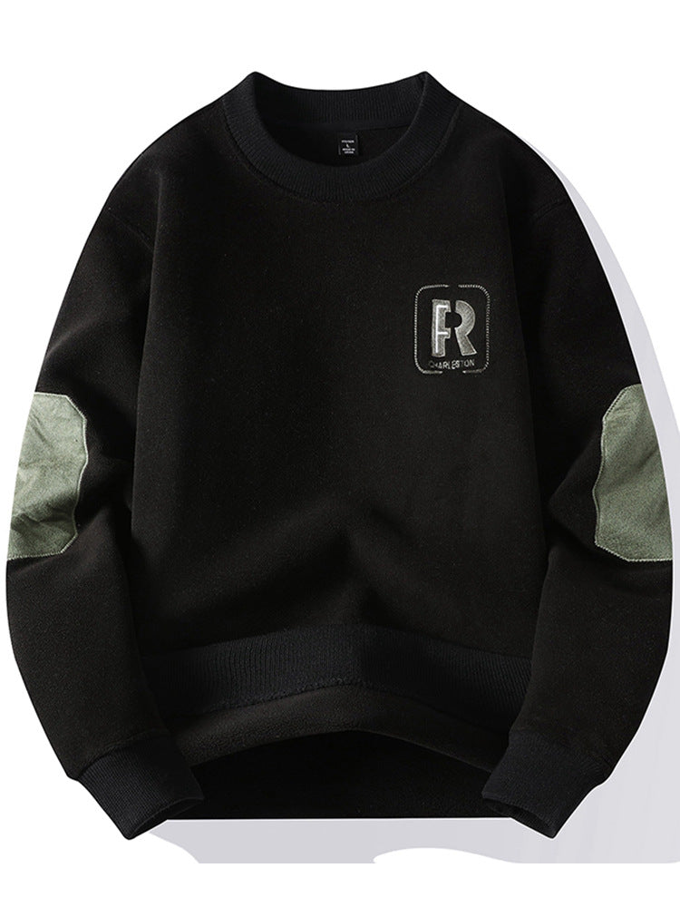 Crew neck sweatshirt, versatile men's autumn and winter fleece-lined crew neck inner layer sweatshirt, men's one-piece fleece long-sleeved t-shirt