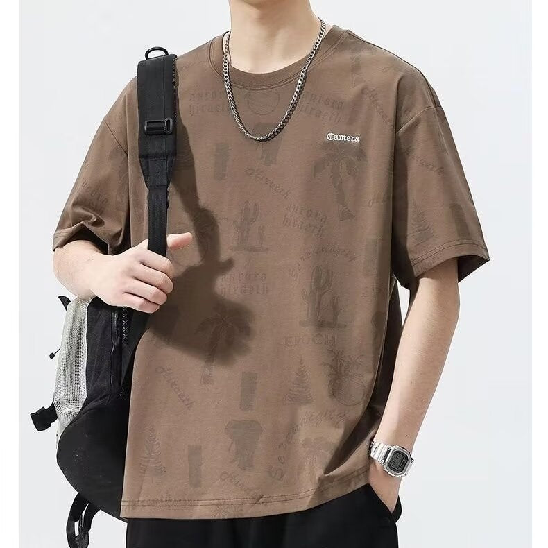 Men's Crew Neck Short Sleeve T-Shirt, Summer 2024 New Trendy Versatile Ice Silk Quick-Drying Printed Loose Casual T-Shirt