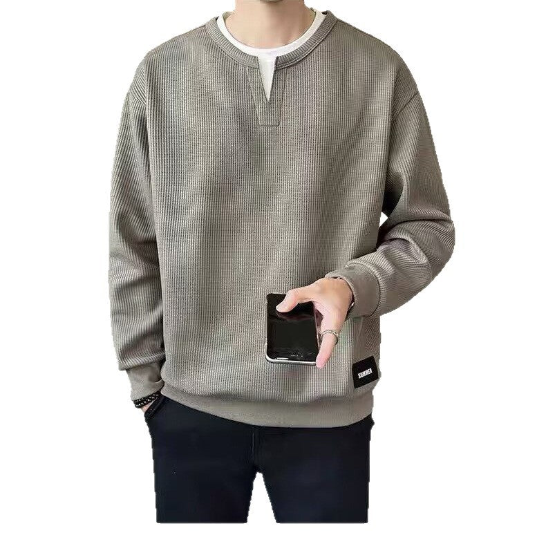 Men's layered hoodie, no hood, long-sleeved t-shirt, trendy casual style, perfect for spring and autumn.