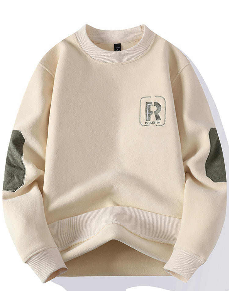 Crew neck sweatshirt, versatile men's autumn and winter fleece-lined crew neck inner layer sweatshirt, men's one-piece fleece long-sleeved t-shirt