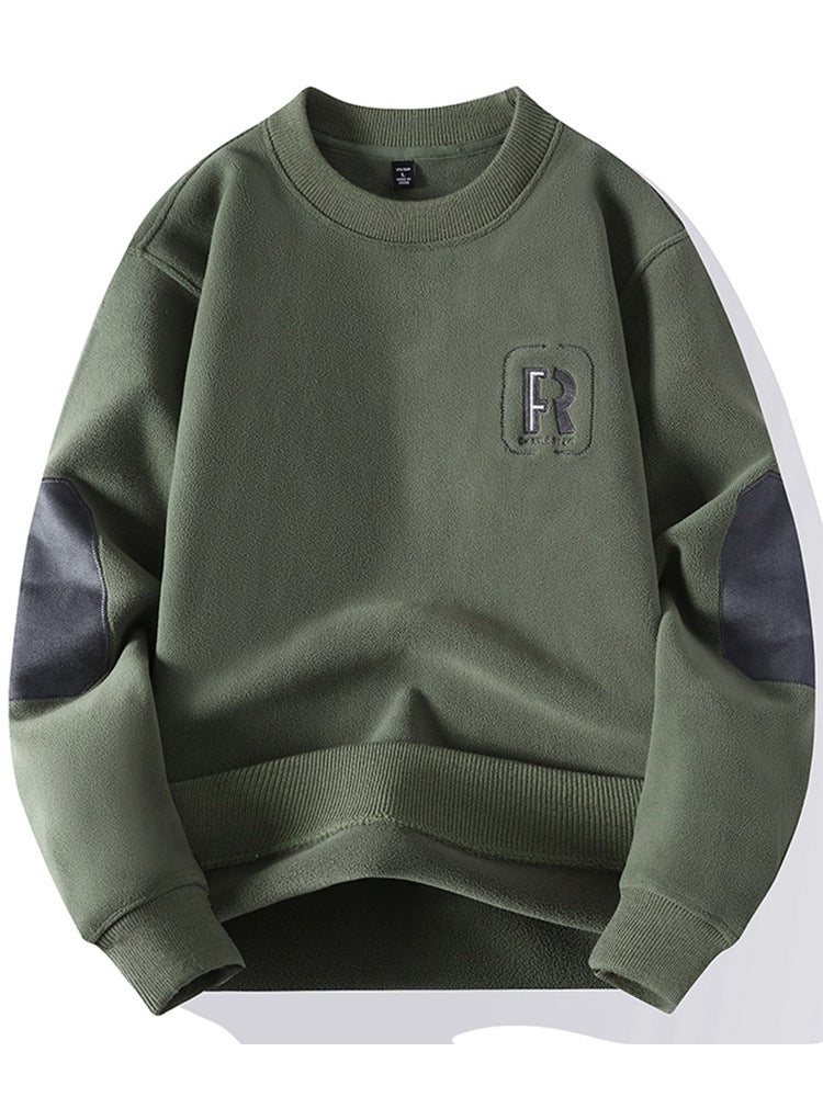 Crew neck sweatshirt, versatile men's autumn and winter fleece-lined crew neck inner layer sweatshirt, men's one-piece fleece long-sleeved t-shirt