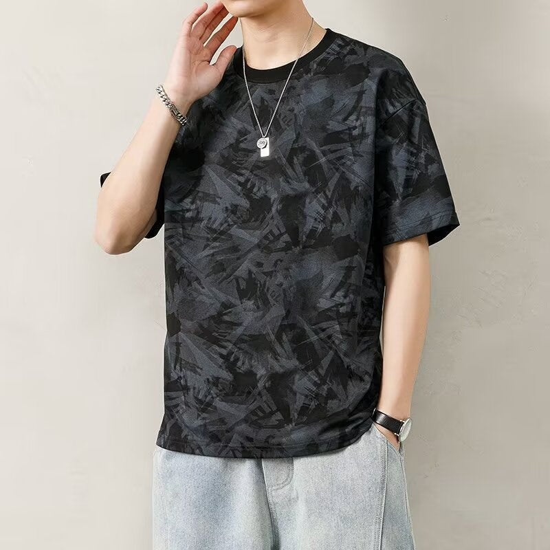 Men's Crew Neck Short Sleeve T-Shirt, Summer 2024 New Trendy Versatile Ice Silk Quick-Drying Printed Loose Casual T-Shirt