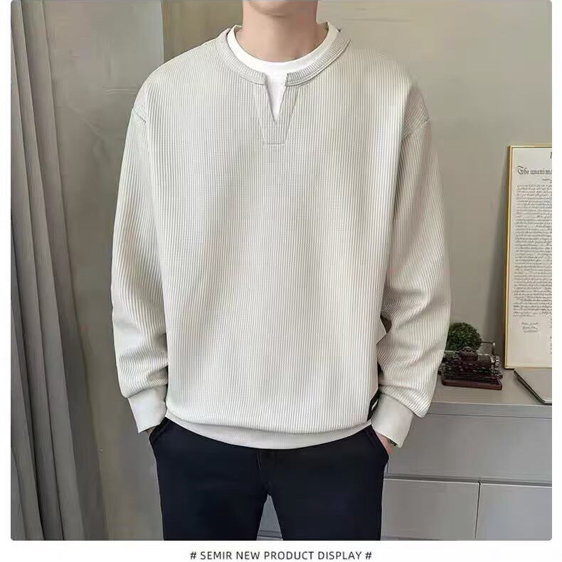 Men's layered hoodie, no hood, long-sleeved t-shirt, trendy casual style, perfect for spring and autumn.