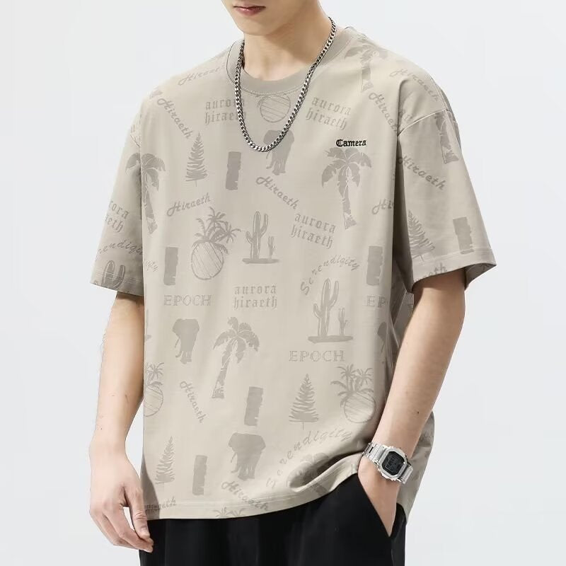Men's Crew Neck Short Sleeve T-Shirt, Summer 2024 New Trendy Versatile Ice Silk Quick-Drying Printed Loose Casual T-Shirt